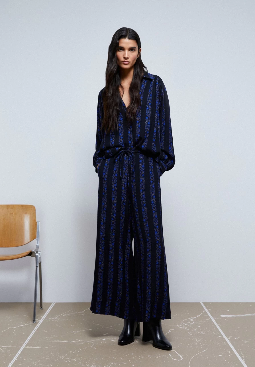 "Scalperscompany Women's Blue Striped Floral Palazzo Trousers"