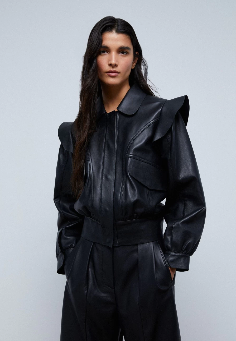 "ScalpersCompany Women's Stylish Leather Jacket with Shoulder Frill Detail"
