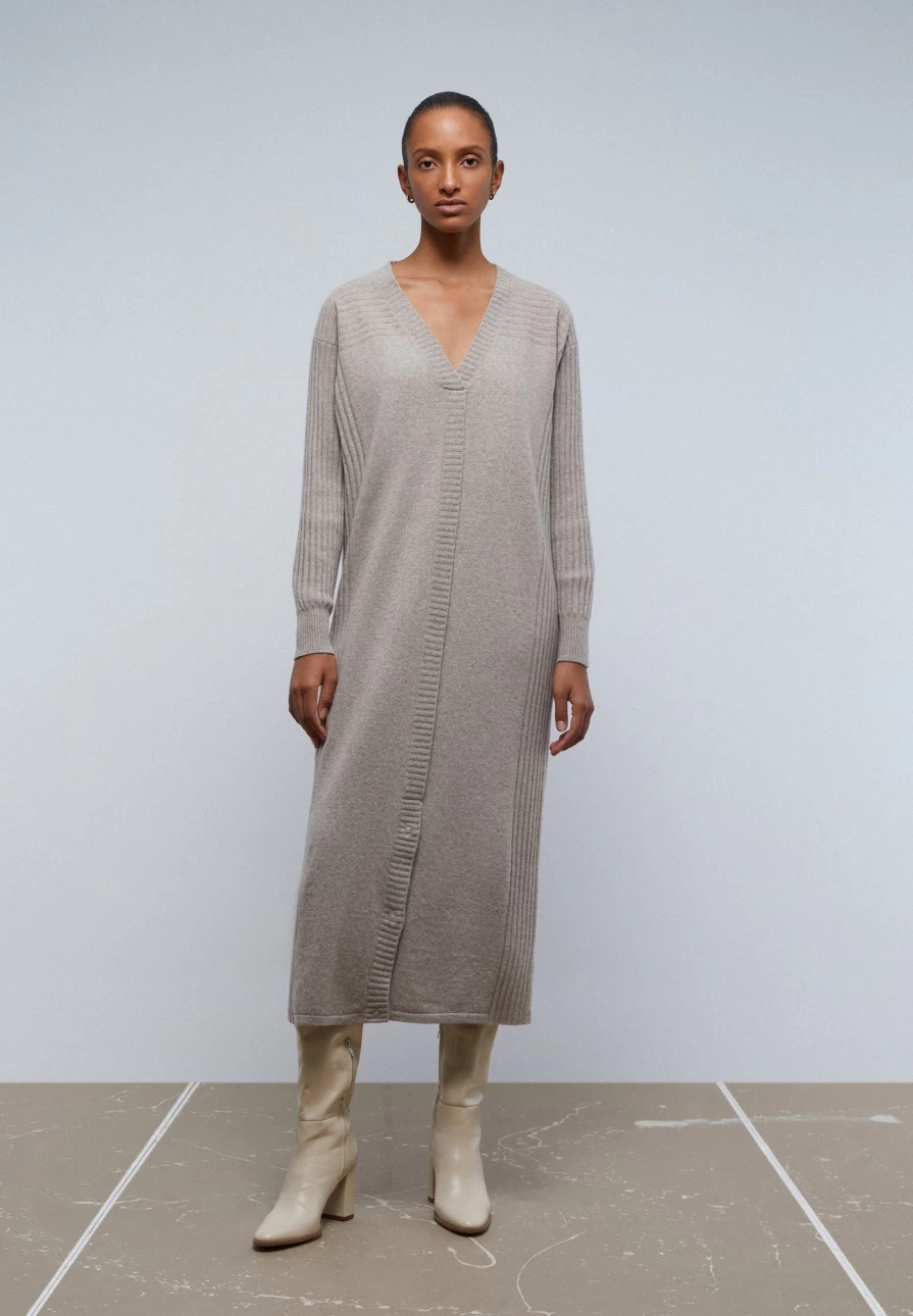 "Scalperscompany Women's Taupe Ribbed Knit Dress – Stylish & Comfortable"