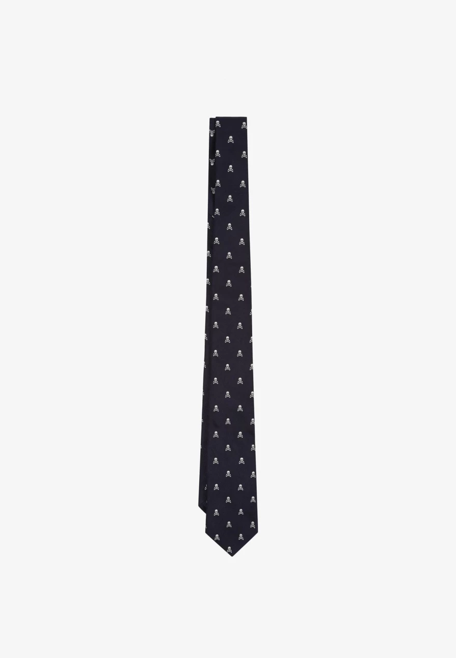 "ScalpersCompany Men's Navy & White Skull Print Tie - Stylish Gothic Necktie for Formal Wear"