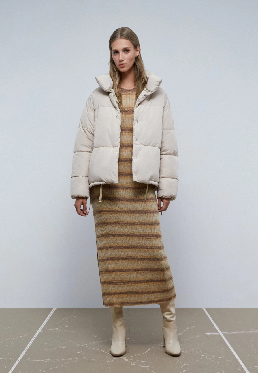 "ScalpersCompany Women's Ecru High Collar Puffer Coat – Warm Winter Jacket"