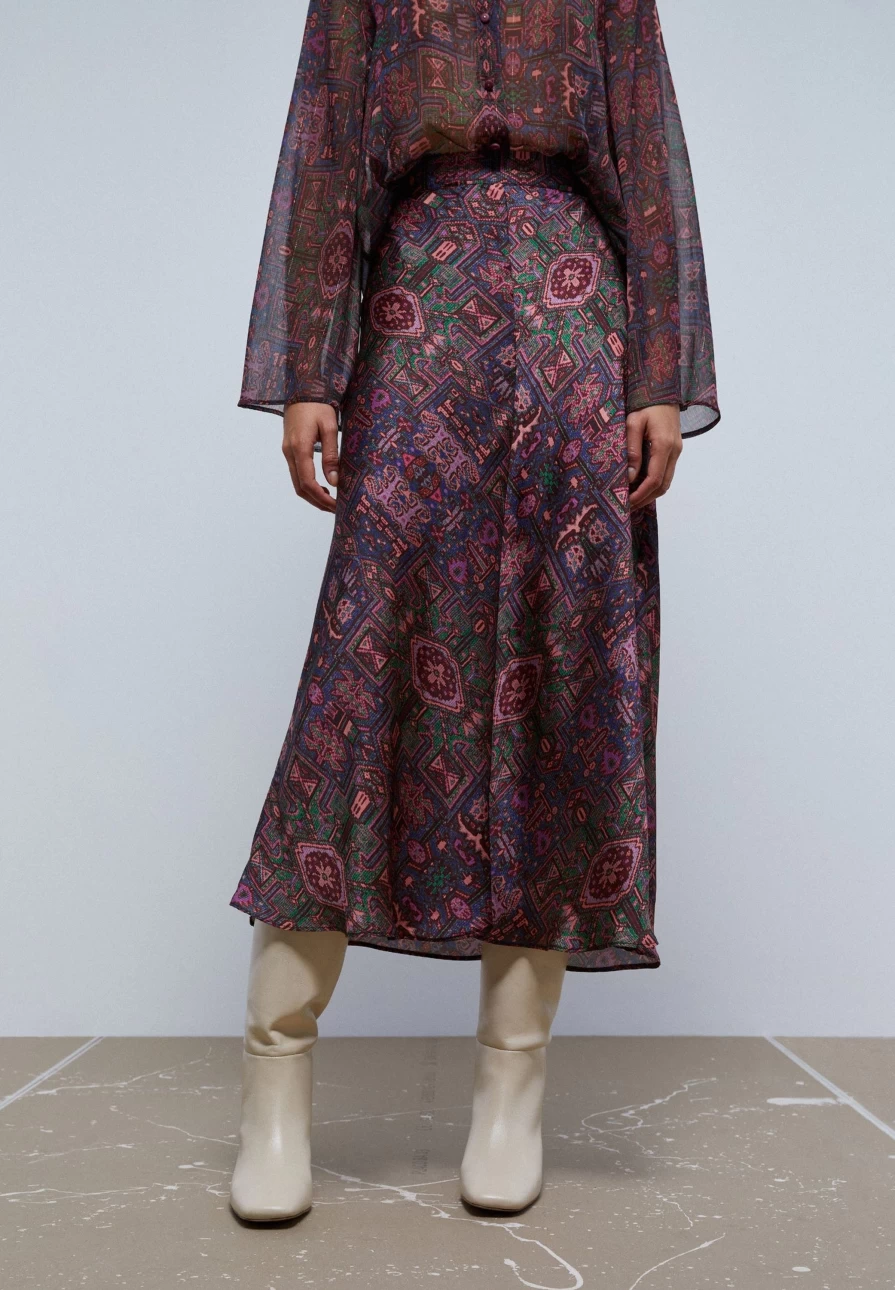 "ScalpersCompany Women's Multicolor Ethnic Print Midi Skirt - Boho Floral Pattern Long Skirt"