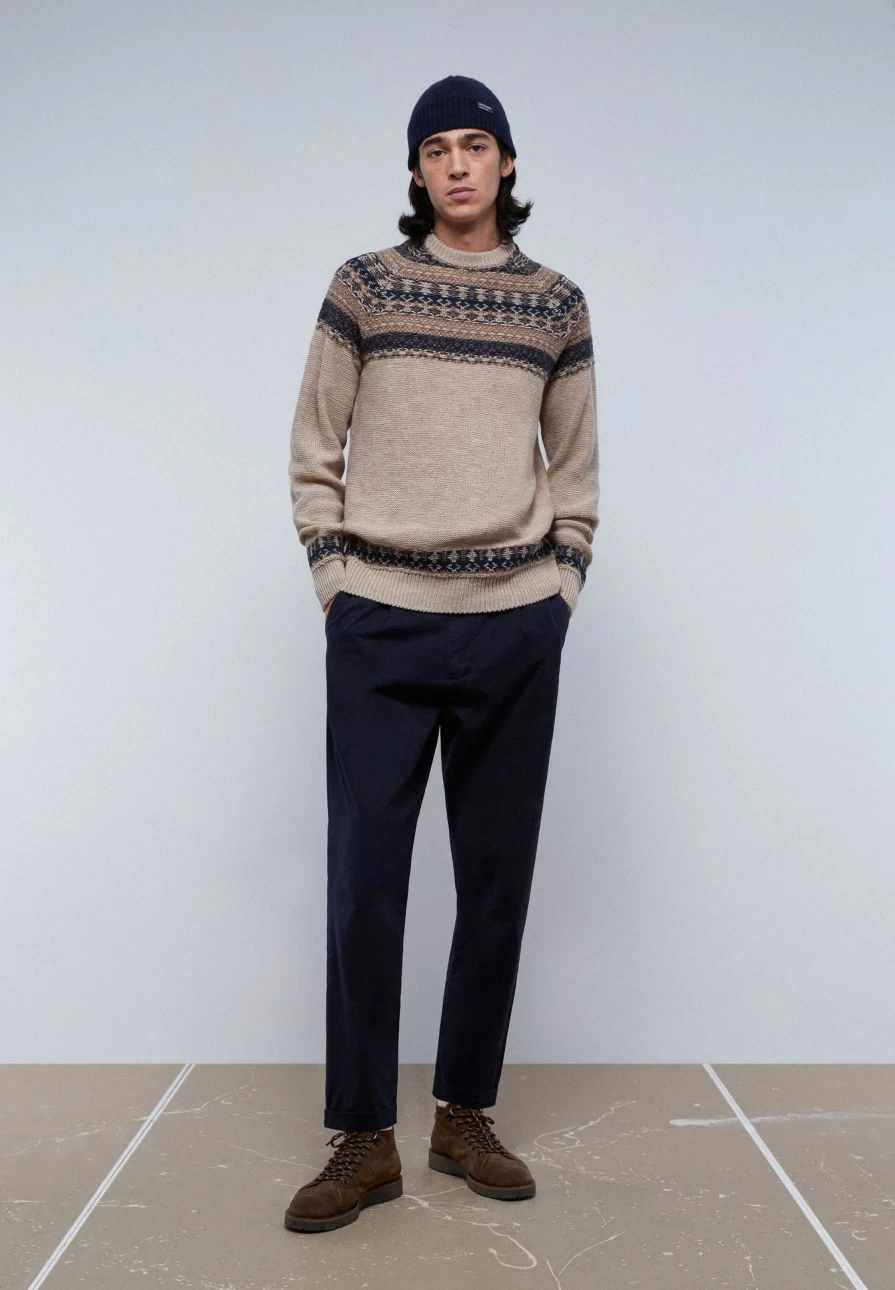 "ScalpersCompany Men's Taupe Jacquard Knit Sweater - Premium Textured Design"