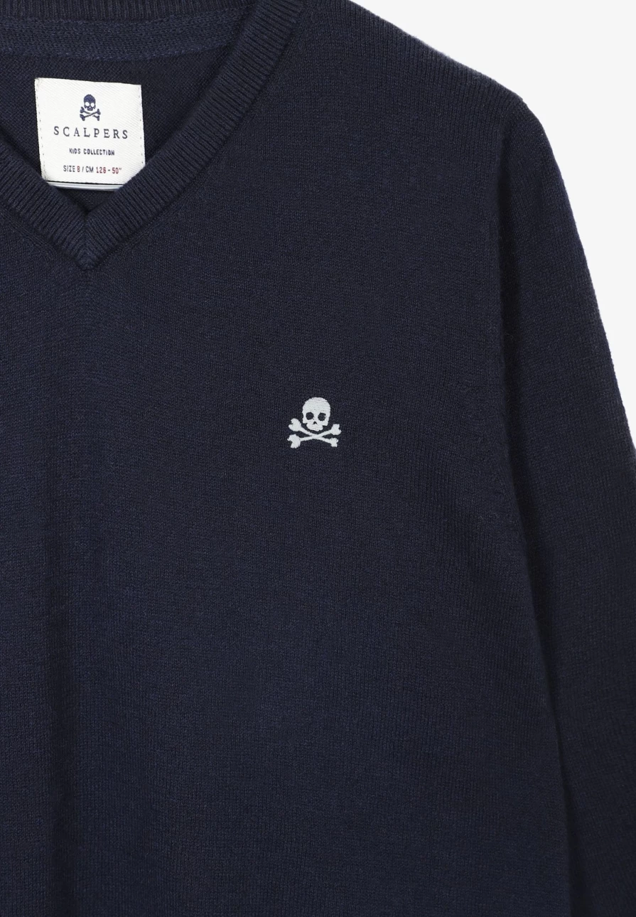 "Scalpers Company Kids Navy V-Neck Skull Sweater"