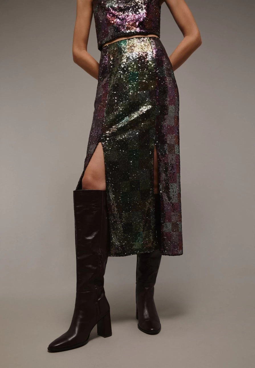 "ScalpersCompany Women's Sparkly Sequined Midi Skirt with High Slit Party Wear"